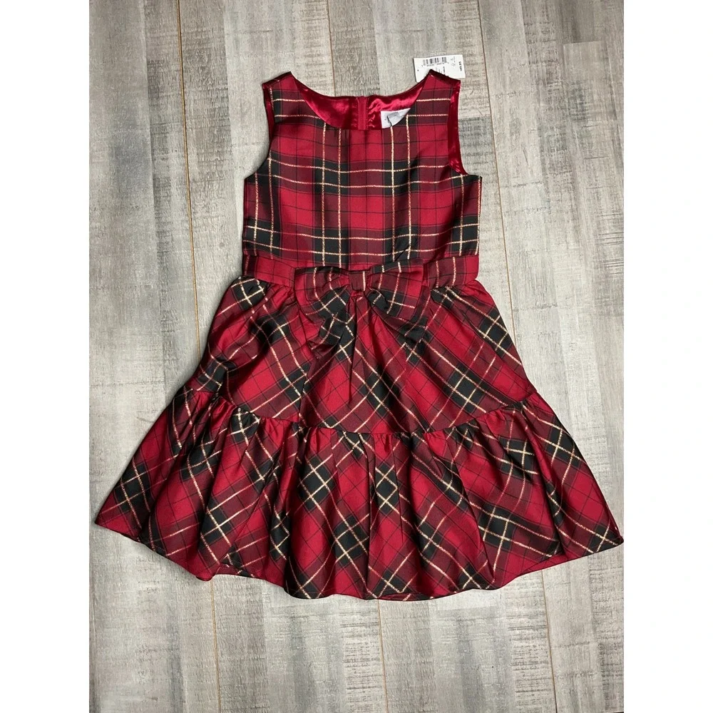 Childrens Place Girls Red Plaid Gold Metallic Holiday Party Dress Size 6 NWT